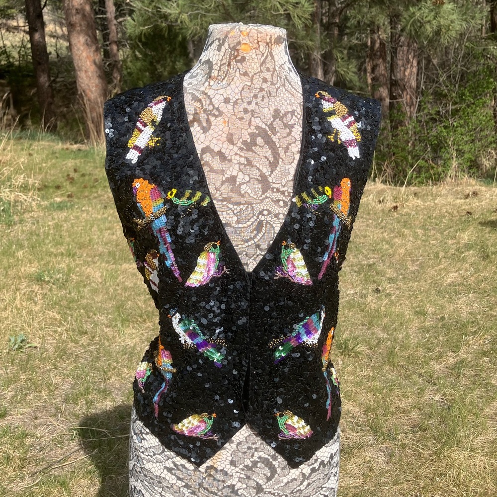 Black Sequin Bird Embroidered Vest